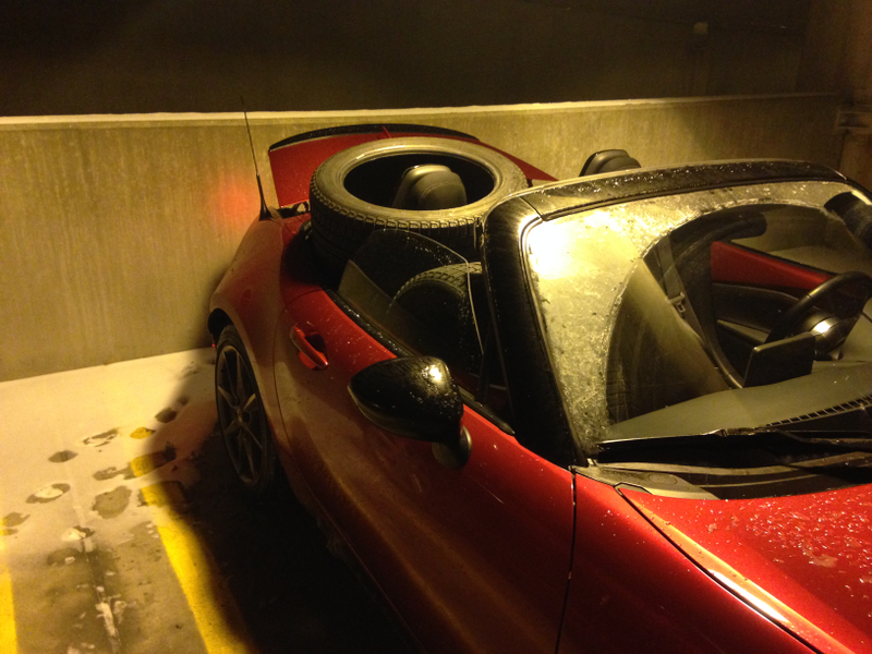 Illustration for article titled Turns out 3 larger than stock tires don't fit in a Miata.